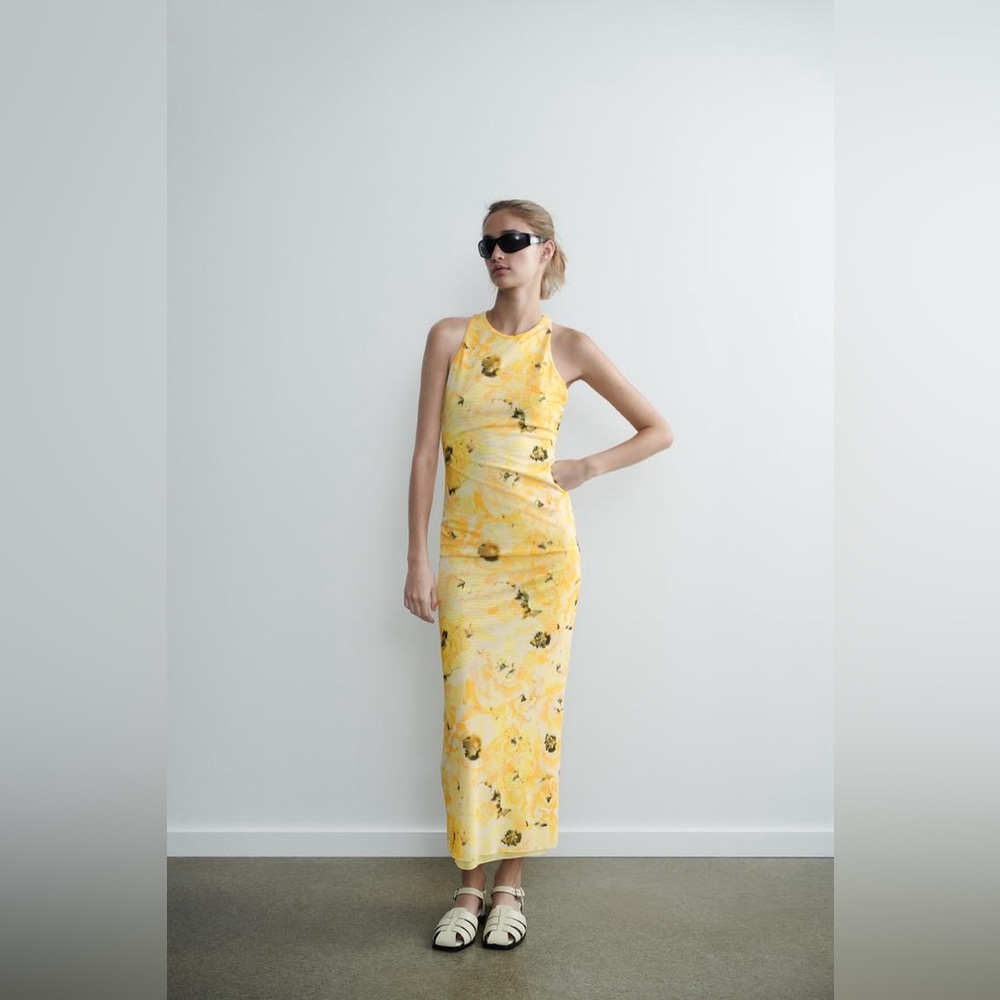 ZARA Yellow Floral Tulle Maxi Dress Twist Back Stretch Lined Sz S NEW